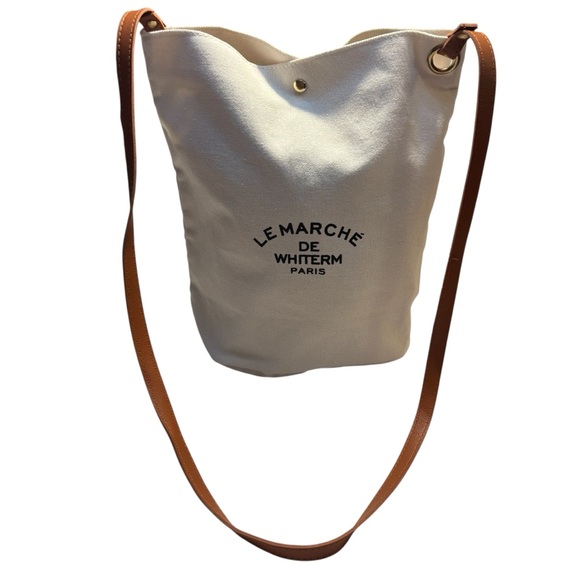 Le Marche de Whiterm Paris Cream Bucket Bag Canvas Tan Strap - Picture 1 of 16